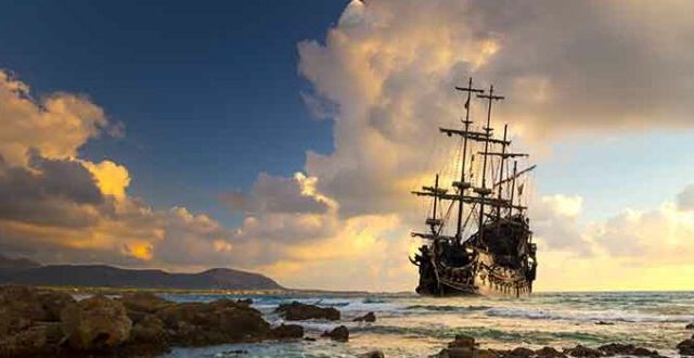 Pirate ship at the open sea