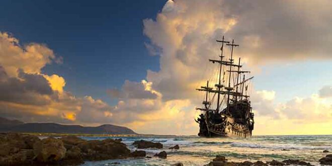 Pirate ship at the open sea