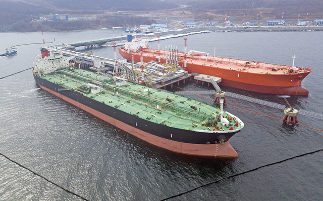 Aerial view of Oil tanker ship loading in port,