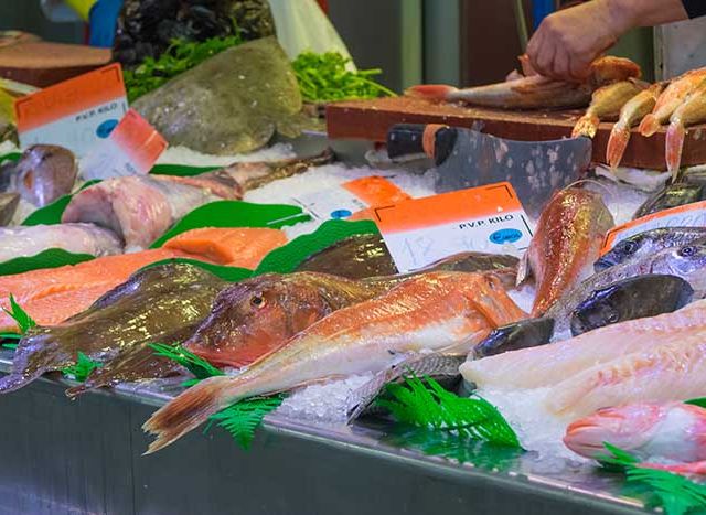 Different fish in a traditional market in Bilbao, Spain