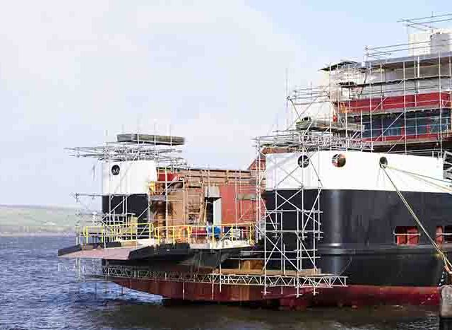 Shipbuilding scaffold close up in Port Glasgow Ferguson Ship building Dock Harbor Harbour UK
