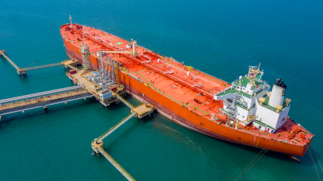 Aerial view of oil tanker ship, Red oil tanker ship.