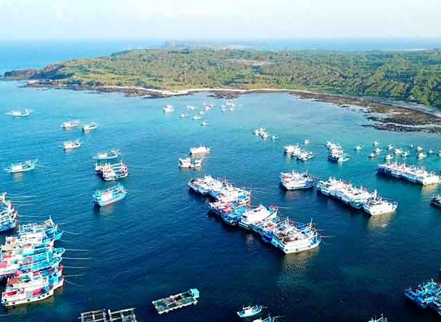 Fish farm in coastal waters. Rectangular cages