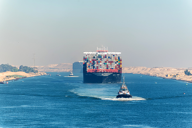 Large container vessel ship passing Suez Canal