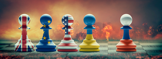 Ukraine, US, UK, EU and Russia conflict. 3D illustration.