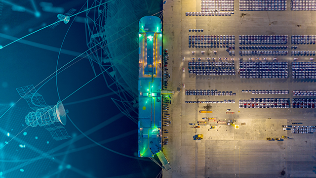 Aerial view rows of new cars at night waiting to be dispatch and