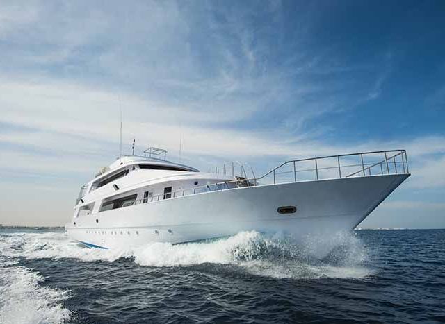 Luxury private motor yacht sailing at sea