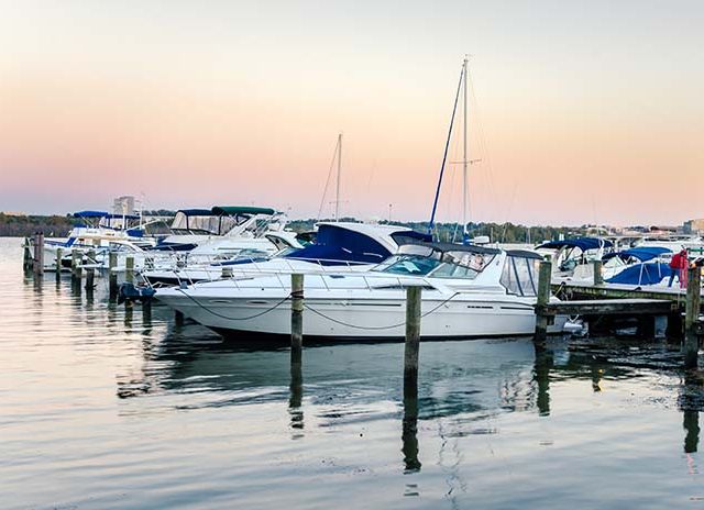 Yachts Tied up to a Jetty on the Potomac River at Dusk