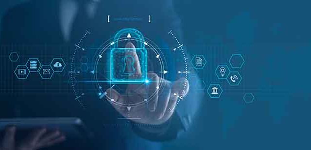 Cyber security network. Padlock icon and internet technology networking. Businessman protecting data personal information on tablet and virtual interface. Data protection privacy concept. GDPR. EU.
