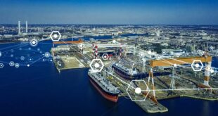 Modern shipyard aerial view and communication network concept. Logistics. INDUSTRY 4.0. Factory automation.